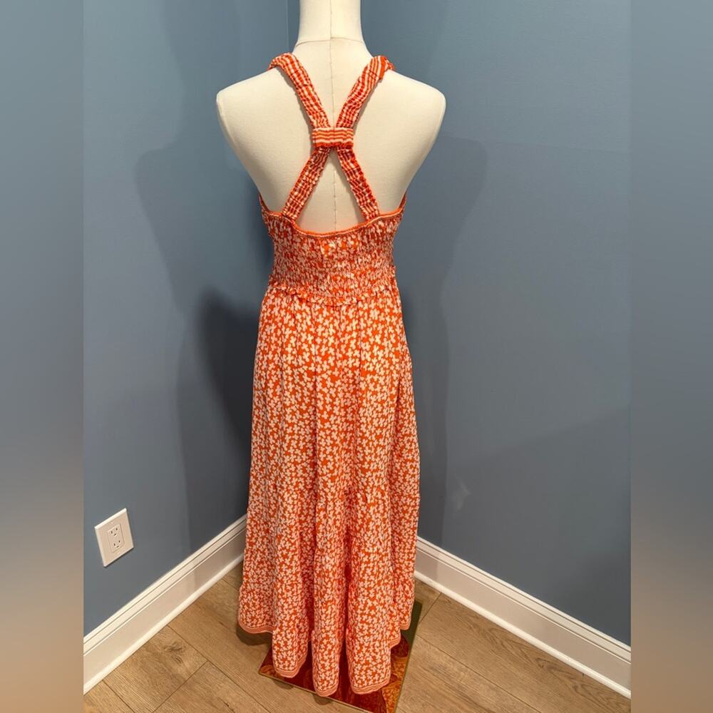 Max Studio London Orange Floral Halter Maxi Dress Smocked Waist NWT Size M - Picture 6 of 9